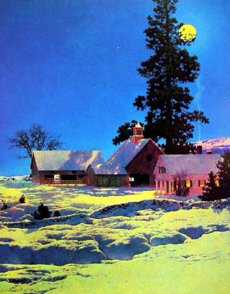 Moonlight Night Winter Maxfield Parrish Landscape art deco