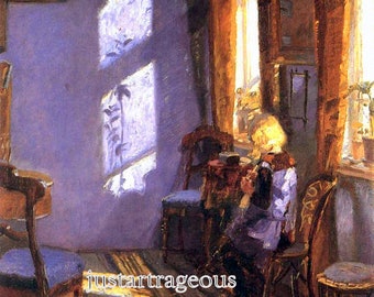 Sunlight in the Blue Room, 1891, Anna Kirstine Ancher, Child on Chair, blue art prints, antique art prints, canvas art prints, blue wall art