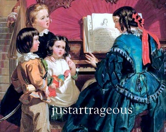 God Save the Queen, Piano, Girls Singing, Music lesson, Victorian music print, Mom and daughters singing, antique art, canvas art print