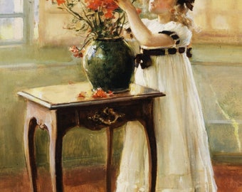 Jules-Alexis Muenier -Young girl arranging (orange) flowers, 1863- 1942, Little girl with huge bouquet,  11x14” canvas art print, floral art