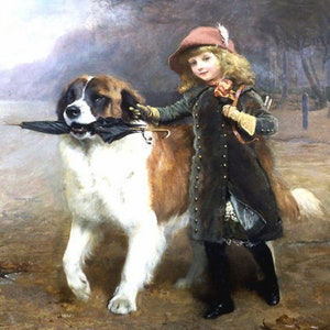 Charles Burton Barber, Off to School, St Bernard, Girl, Umbrella,,antique animal art, dog prints, 6x8&quot; canvas