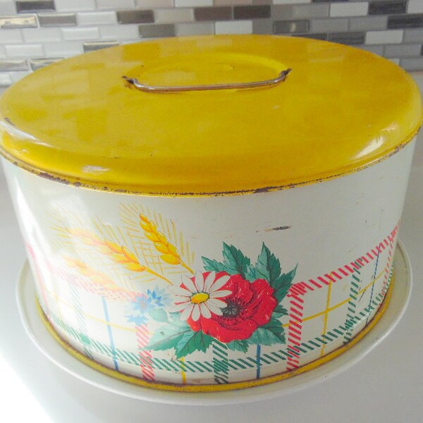 Vintage Metal Cake taker, Yellow lid with red floral design, kitchen collectible, baking supplies, baking storage 1950s aluminum server