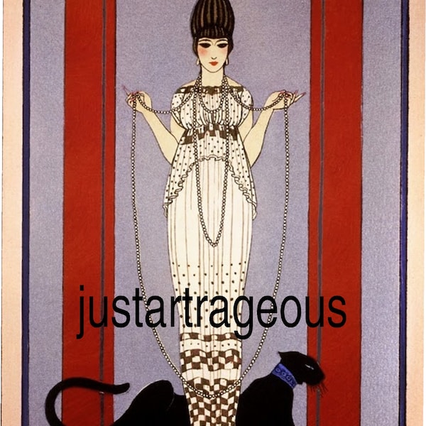 Lady with Panther by George Barbier for Cartier, 1914. Display card commissioned by Louis Cartier 1914, woman in a fashionable Poiret gown
