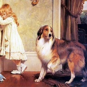 A Special Pleader by Charles Burton Barber 11x14 Canvas Print, pet art, dog art, animal art, collie print, girl and dog art, antique art