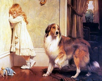 A Special Pleader by Charles Burton Barber 11x14 Canvas Print, pet art, dog art, animal art, collie print, girl and dog art, antique art