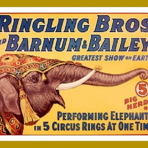 Ringling Brothers, Barnum and Bailey Circus, Performing Elephants, Animal art,  vintage circus art, circus posters, 11x14&quot; canvas art print
