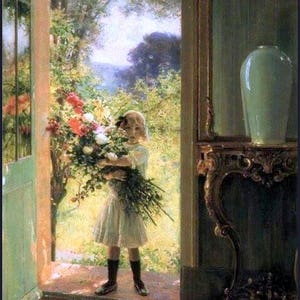 Jules-Alexis Muenier - From The Garden  France 1863- 1942, Little girl with huge bouquet,  8 x 10” cotton canvas art print.