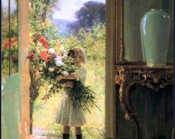 Jules-Alexis Muenier - From The Garden  France 1863- 1942, Little girl with huge bouquet,  11x14” canvas art print