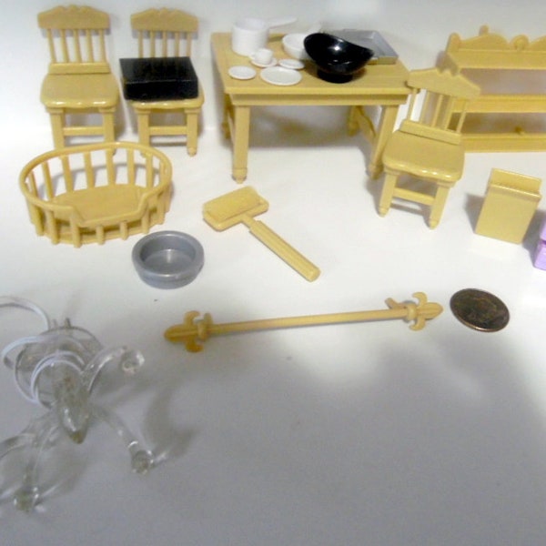 Set of vintage plastic dollhouse  rec room/den furniture and accessories, furniture for dollhouse. 12+ pc. Table, 3 chairs, pet bed, br