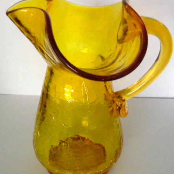 Amber glass pitcher,  amber crackle glass, ruffled top, vintage glass pitcher, vintage art glass , elegant glass, crackle glass pitcher