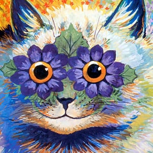 Louis Wain, Early 1900, Victorian cat art, Long hair cat with blue flowers, psychedlic cat,, cats kittens canvas art, 14 x 11" canvas print