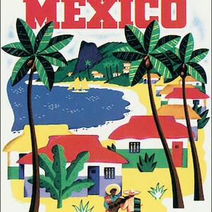 Costa de México, Viajes a Guadalajara y Mazatlán, Cartel de viaje vintage, cartel turístico, carteles vintage, arte mexicano, viajar a México