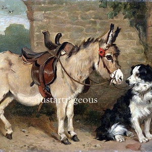John Emma, Ready for the Morning Ride, Donkey, mule, black white Dog,  antique animal art, antique art, canvas art print,  11 x 14&quot;