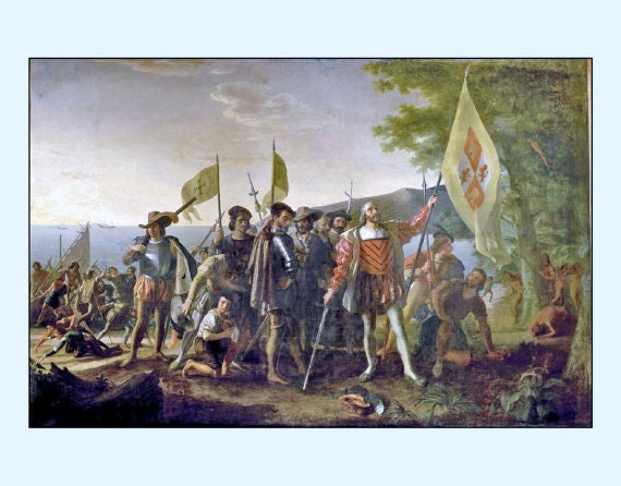 CHRISTOPHER COLUMBUS LANDS IN THE NEW WORLD OIL PAINTING ART REAL CANVAS PRINT