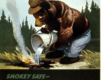 WWII, Smokey and a Little Bear, Wildfire Prevention  National Forest Service Advertisement, vintage posters, fire prevention 8x10"  poster