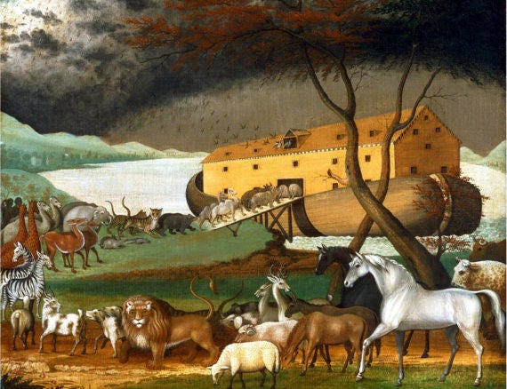 Artistic representation of Noah's Ark with animals
