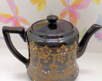 black glaze English Teapot, Redware, Gold accents, stamped, mid century teapot,  vintage tea pots, redware pots, kitchen collectibles