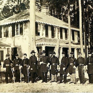 sepia photo of a group of Civil War soldiers, standing in front of a war torn mansion.  1860s,  8x10” premium poster paper, antique photos