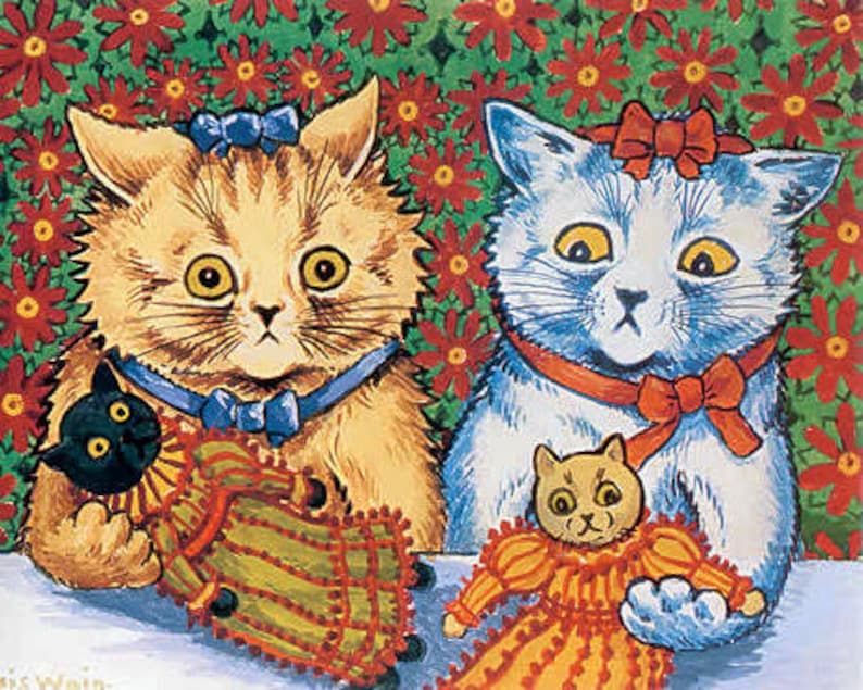 Louis Wain Early 1900 Victorian cat art puzzled Momma cats