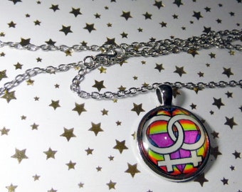 LGBT pendant, glass cabachon necklace with rainbow & intertwined double rings, 25MM round with 18" silver chain, gay, lesbian jewelry, #2