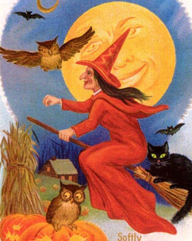 Halloween Witch Witch on Broom Full Moon Black Cat Owl - Etsy