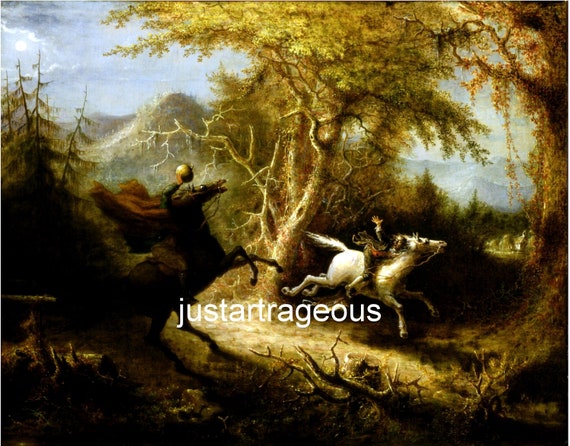 Headless Horseman Pursuing Ichabod Crane, 1858, John Quidor, Sleepy Hallow. Antique goth art prints, 11x14" Cotton Canvas Print