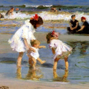 Children Playing at the Seashore, Claude Monet, Ocean, Boy, Girl, Toddler, 11x14&quot; Cotton Canvas Print, antique art print, seascape