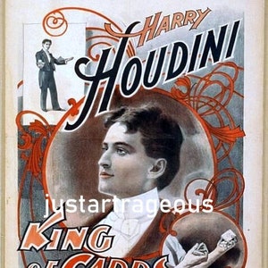 Houdini, King of Cards, Magic, Card Tricks, Master of Magic, antique magic posters, famous magicians, vintage theater posters, 8x10&quot; canvas
