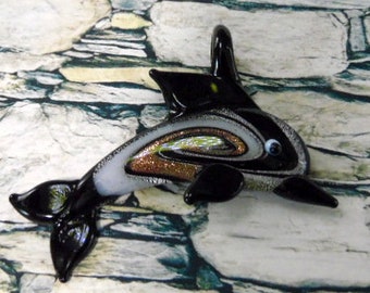 Black lamp work glass dolphin pendant,  with Bronze glitter silver & white swirls, 59x39mm,  fish pendant, sealife pendant, craft supplies