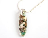 Pebble Pendant Statement Necklace - Fused Glass + Silver Foil - OOAK - Beach + Ocean + River Rock Theme - Aqua + Vanilla + Tan + Taupe