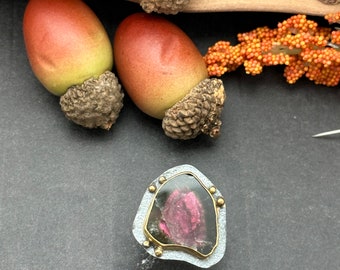 Watermelon Tourmaline Mixed Metals Artisan Ring