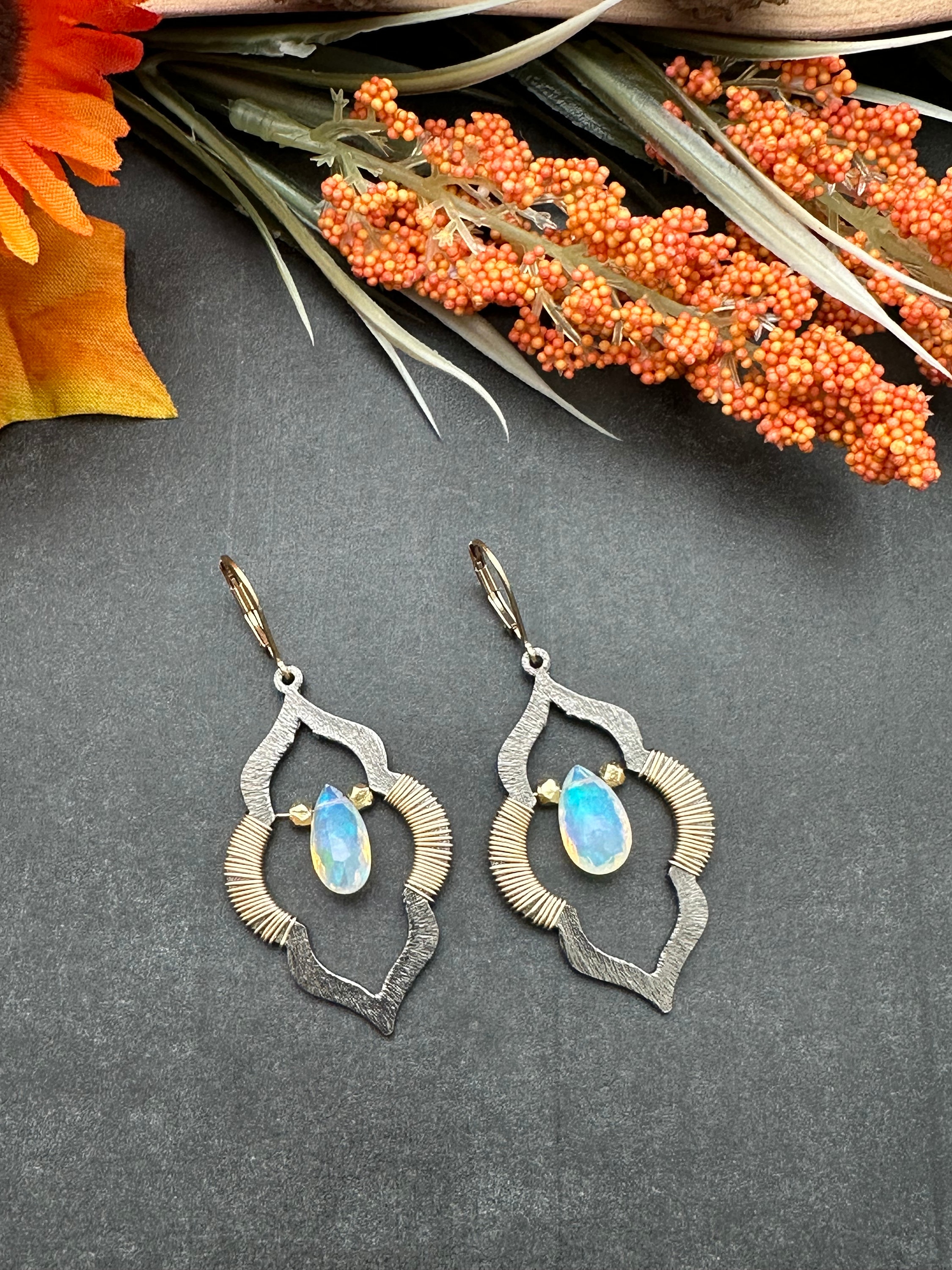 Faceted Ethiopian Opal Mixed Metal Arabesque Earrings