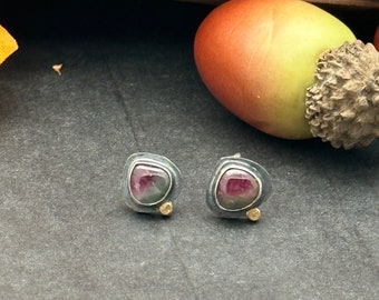 Watermelon Tourmaline Mixed Metal Stud Earrings