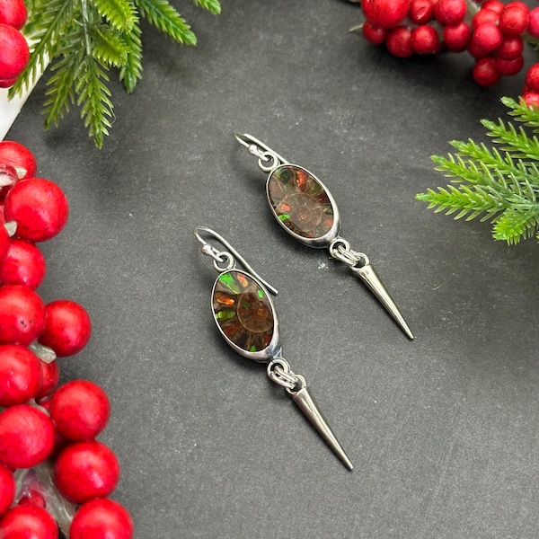 Ammolite inlayed Ammonite Spike Artisan Earrings