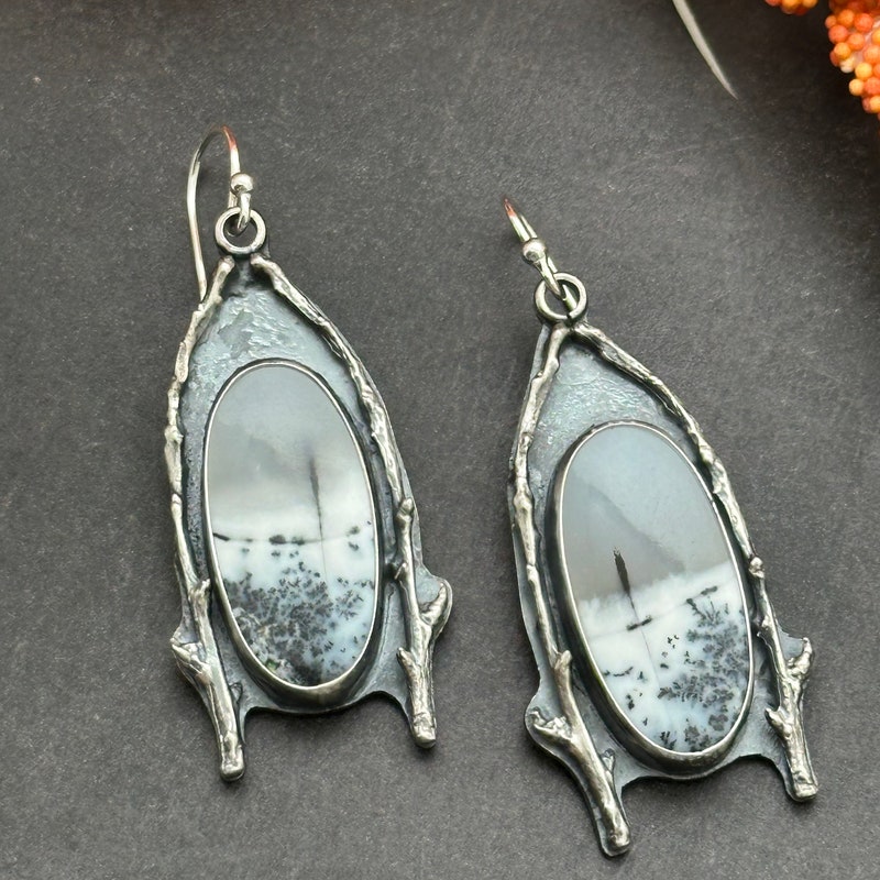 •DENDRITIC OPAL - SOFT TRIANGLE• silver bezel set stud earrings