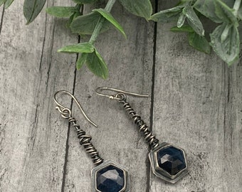 May include: A pair of silver earrings with dark blue gemstone hexagon pendants hanging from twisted silver wire.