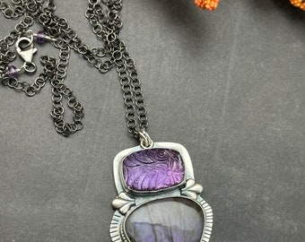 Carved Amethyst and Purple Sheen Labradorite Artisan Necklace