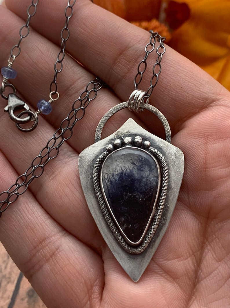 May include: A silver pendant necklace with a dark blue gemstone set in a silver shield-shaped frame. The pendant is attached to a silver chain with a clasp.