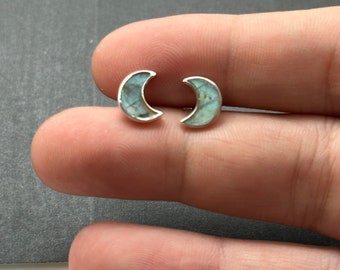 Labradorite Crescent Moon Stud Earrings