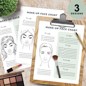 May include: Three printable makeup face charts with a black and white line drawing of a face on each chart. The charts include sections for the look, base, eyes, cheeks, and lips. The charts are designed to help you plan and track your makeup looks.