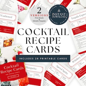 Cocktail-Rezeptkarten-Vorlage, druckbare Rezeptkarten-Set, bearbeitbare Getränkerezeptkarte, Cocktailparty-Getränkekarte, Hochzeits-Event-Party