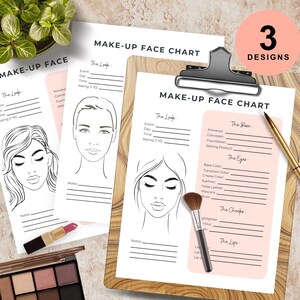 May include: Three printable makeup face charts with a pink background and black line drawings of a woman's face. The charts include sections for the look, base, eyes, cheeks, and lips. The text on the charts reads "Make-Up Face Chart" and "The Look".