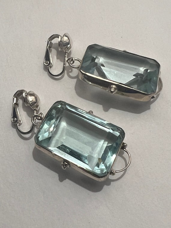Sterling Silver Aqua Emerald Cut Earrings