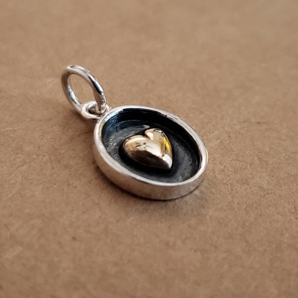 Sterling Silver Shadow Box Charm with Bronze Heart, Oval Shadow Box Charm, Heart Charm, Heart Box Charm, Heart Jewelry, Shadow Box Pendant