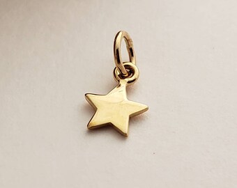 May include: A small, gold-colored star charm with a loop for attaching to a necklace or bracelet. The star has five points and a smooth, polished surface. The charm is approximately 0.5 inches in length.