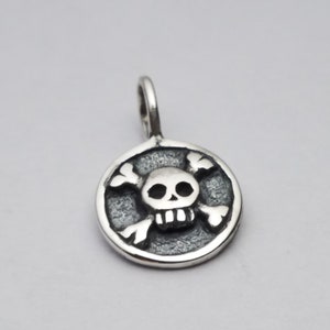 Small Sterling Silver Skull and Crossbones Charm, Skull Charm, Round Charm with Skulls & Crossbones Charm, Round Skull Charm,Halloween Charm