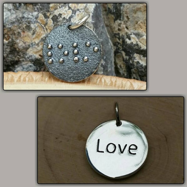 Sterling Silver Braille Love Charm, Braille Charm, Silver Love Disc Charm, Silver Disc Pendant, Coin Charm, Lovers Charm, Love Necklace,Love