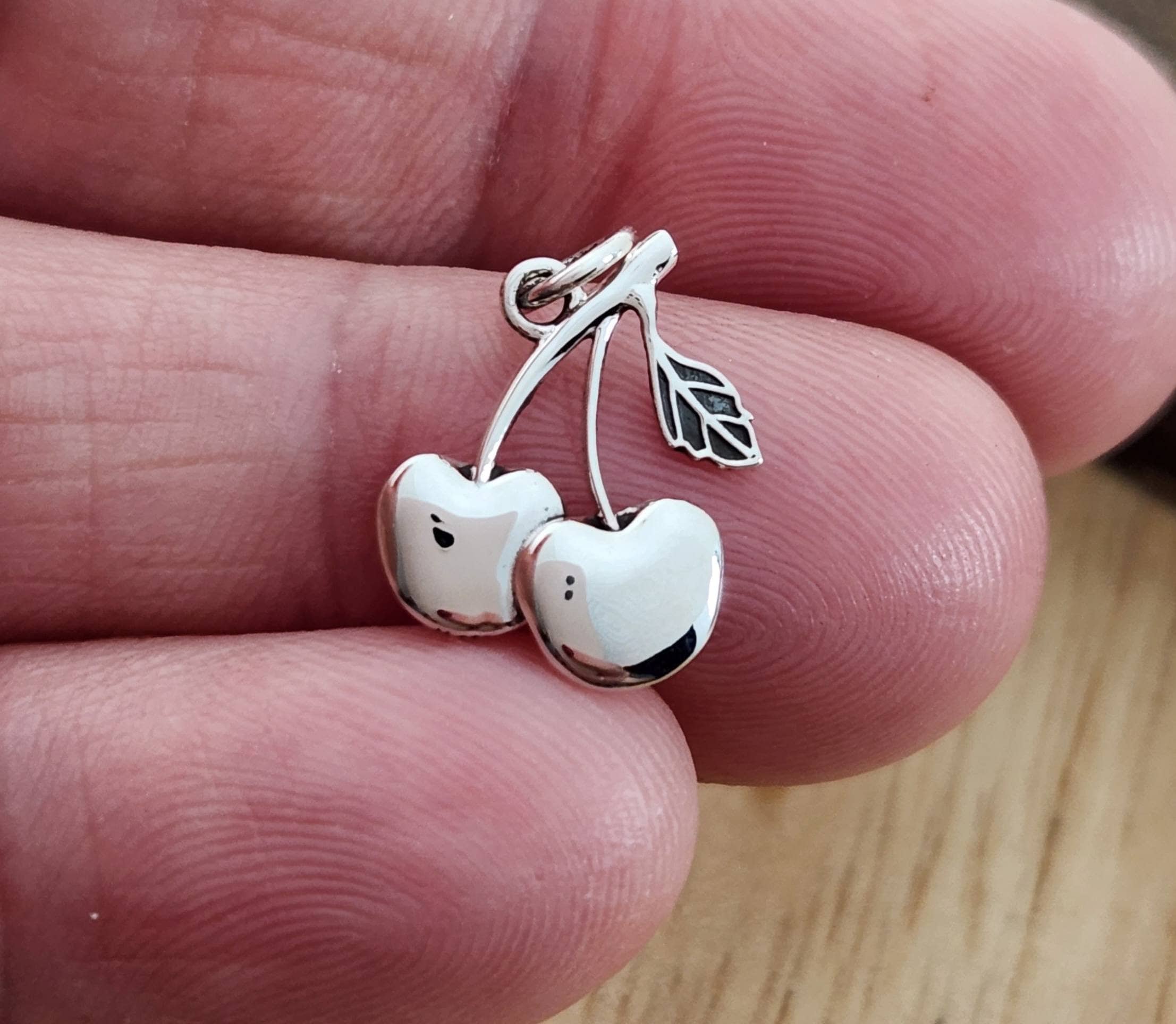 Small Sterling Silver Two Cherries Charm, Flat Silver Cherry Charm, Cherry,Silver 2 Cherries Charm, Fruit Charm,Cherry Charm,Silver Fruit