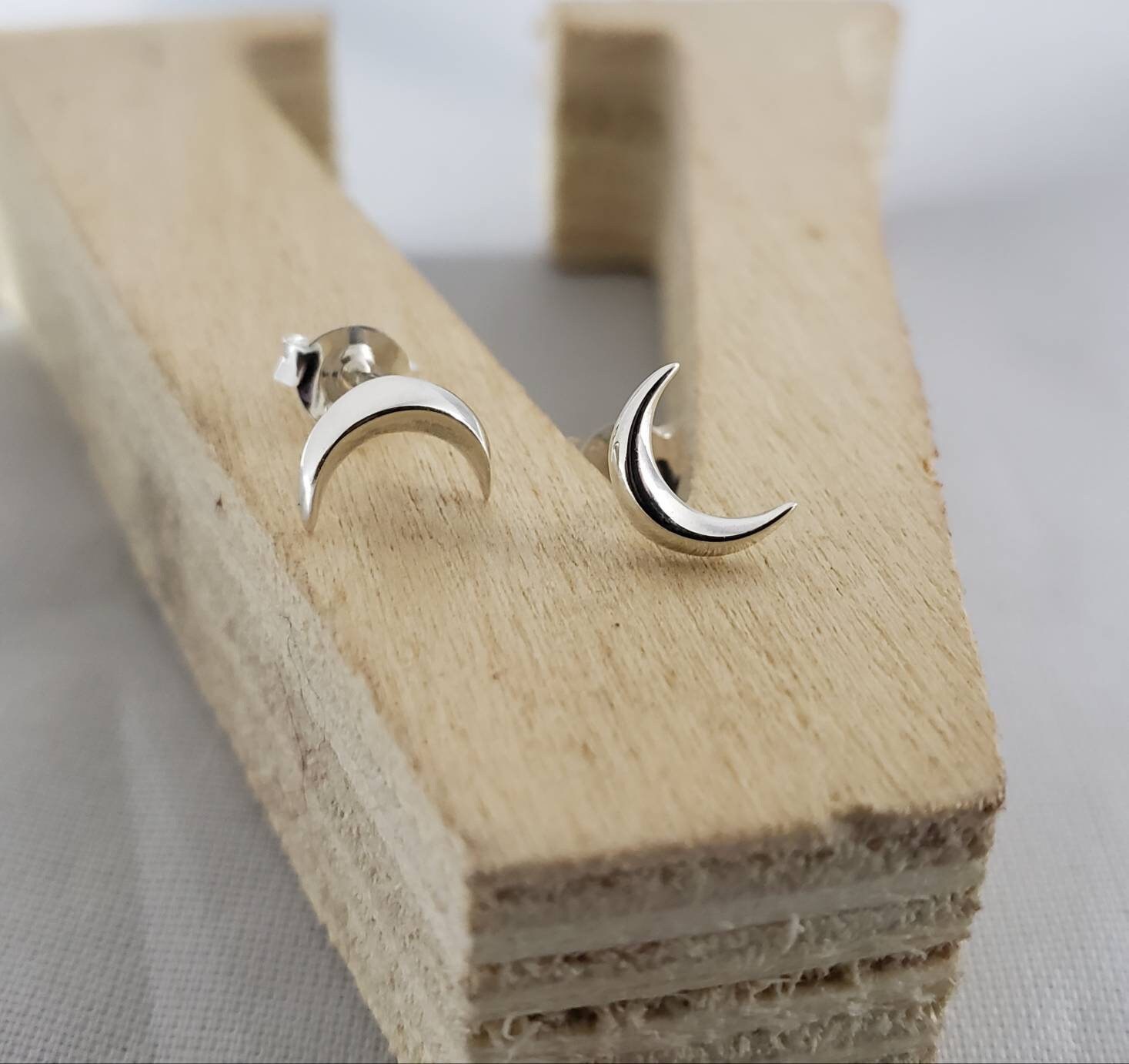 Small Sterling Silver Ridged Star Crescent Moon Simple Post Earrings,…
