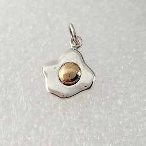 Small Sterling Silver and Bronze Fried Egg Charm with Bronze Yolk, Egg Charm, Hard Egg Charmrm, Silver Food Charm, Silver and Bronze Egg